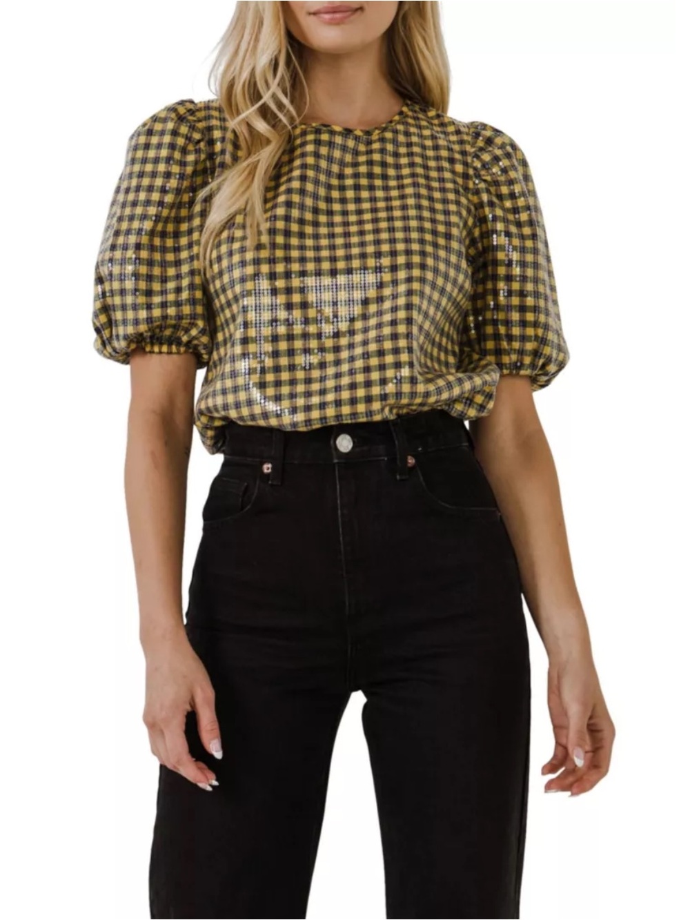 NWT English Factory Sequins Gingham Top in Yellow/Navy / XS